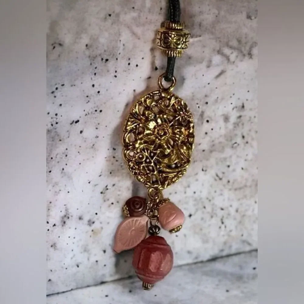 EIVIND HILLESTAD Marked EH Gold Plate Pendant Pink Bead Cord Necklace NORWAY